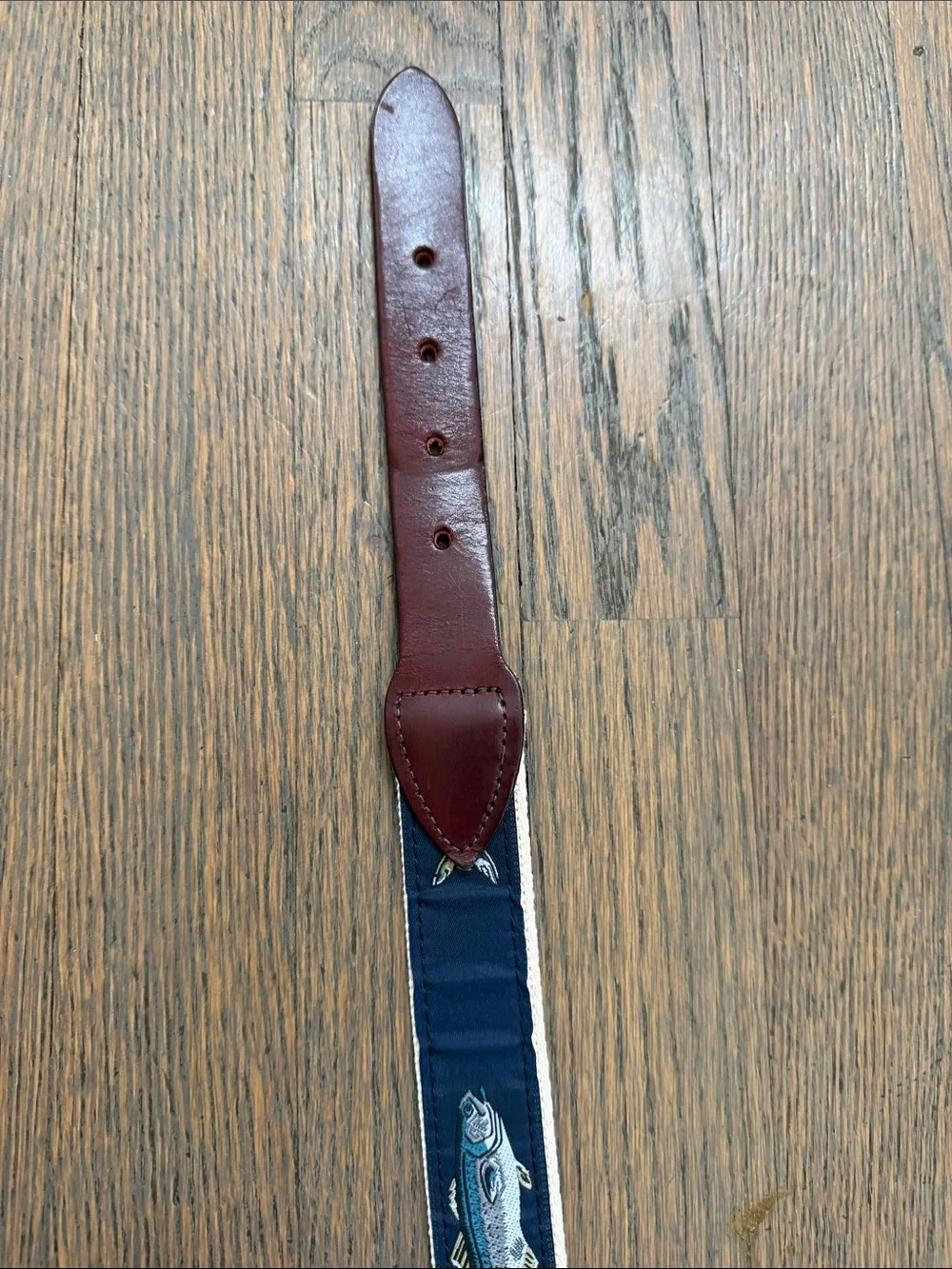 Navy Fish Motif Webbing Belt with Brown Leather Trim